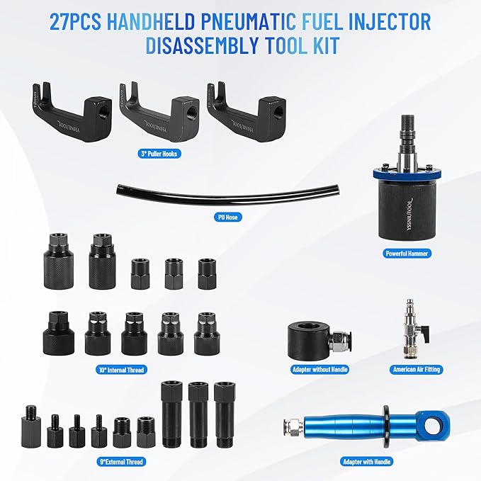 27PC Upgrade Pneumatic Injector Puller For Diesel Engine, Labor-Saving Injectors Removal Tool Kit ,18 Adapters, 3 Hooks,High Impact Extractor Hammer Puller Air Vibration Injector Extractor with Handle