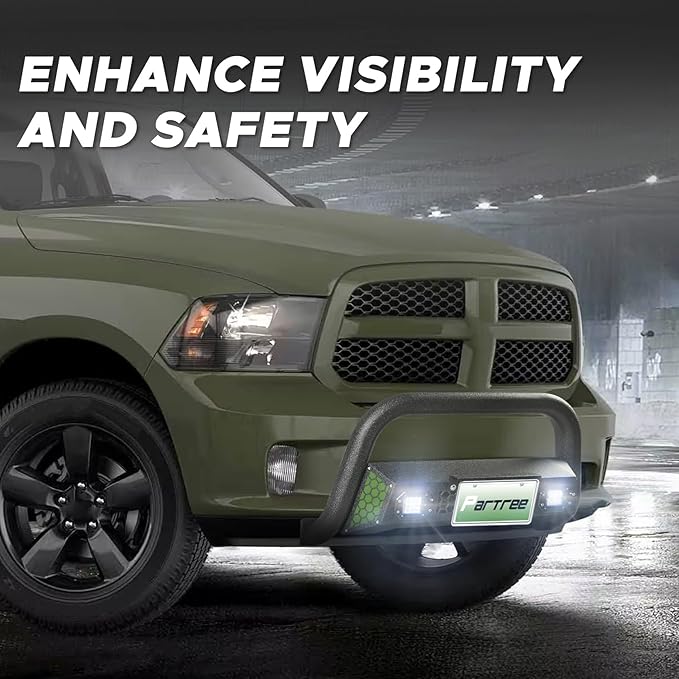 Bull Bar Fit for Dodge Ram 1500 2009-2018 & Ram 1500 Classic 2019-2025((Exl Rebel Warlock Sport) with LED Light,w/License Plate Bracket DIY Paintable Front Bumper Brush Push Bar Grille Guard