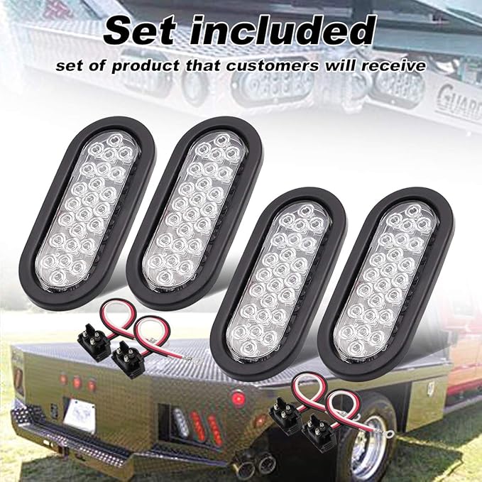 4 Pcs 6 Inch Clear Lens 2 Amber & 2 Red Oval Trailer Marker Lights Multi-Function Bulb 24 LED w/Grommet & Plug Stop Tail Truck Van 12v DC Flush Mount