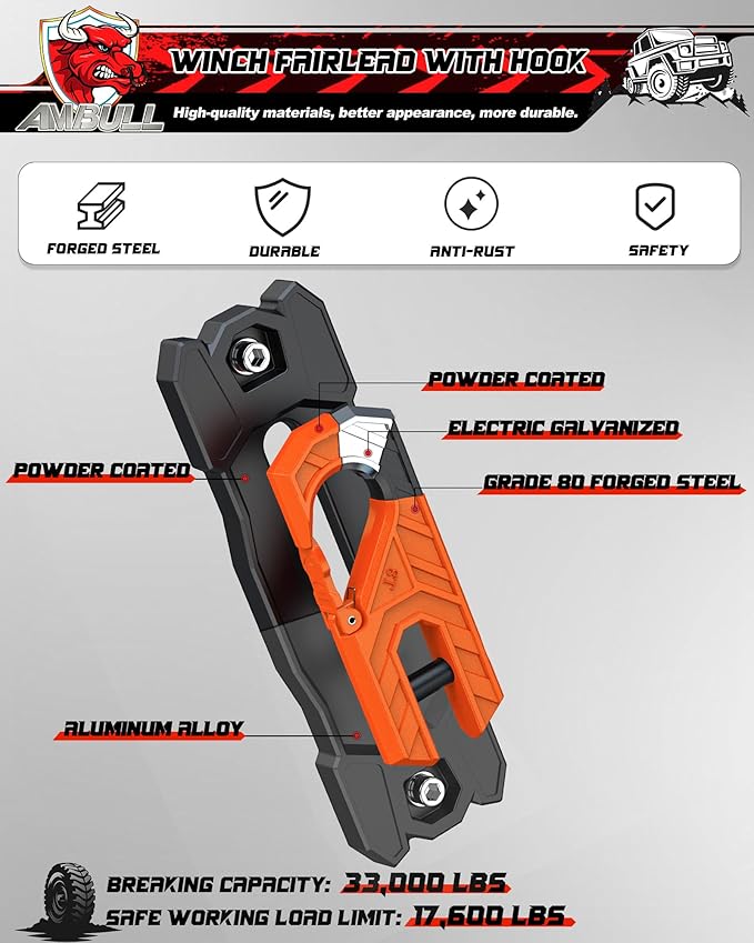 Winch Fairlead with Tow Hook, Aluminum Hawse Fairlead with Grade 80 Forged Steel Winch Hook, 33000lb Break Strength Winch Fairlead Hook Set for Off-Road Vehicle Recovery, BlackOrange