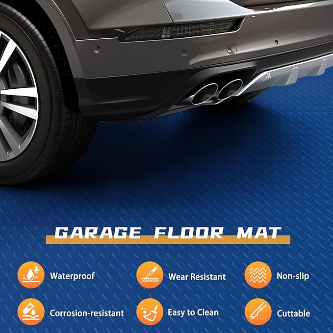 Boshen 5x7.5FT Garage Floor Mat, 2.5mm Thickened Diamond Plate PVC Rubber & Vinyl Flooring Roll, 37.5 SQFT Non-Slip Rubber Garage Mat for Floor Under Car Protection - Blue