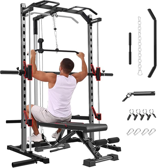 OPPSDECOR Power Cage, Multi-Function Power Rack with Adjustable Cable Pulley System, Squat Rack with Pull-up Bar, J-Hooks, More Training Attachment for Home Gym