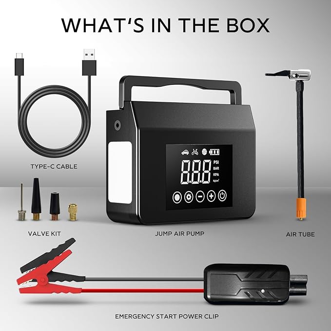 Hieha 4000A Portable Jump Starter with Air Compressor, 12V Car Battery Power (All Gas 8L Diesel) with 150PSI Tire Inflator 15000mAh PowerBank & Quick Charge, Flashlight, Emergency kit for Car, Truck