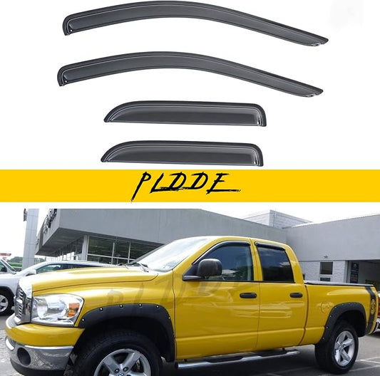 Window Visor Rain Guards Compatible with 2002-2008 Dodge Ram 1500 & 2003-2009 Dodge Ram 2500/3500/4500/5500 Quad/Crew Cab Wind Deflectors Vent Visors for Truck Tape-On Smoke Outside Mount 4pcs