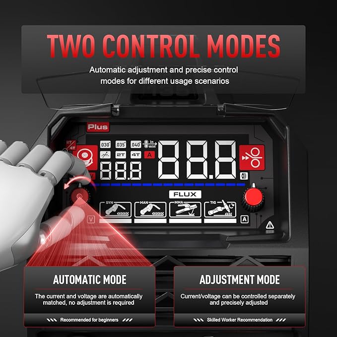 ANDELI 135A MIG Welder,110V/220V [Large LED Display] 3-in-1 Welder Flux Core MIG/Lift Tig/Stick Multiprocess Gasless MIG Welding Machine with Synergy，2T/4T Full Kit (Bonus Welding Helmet & Gloves)