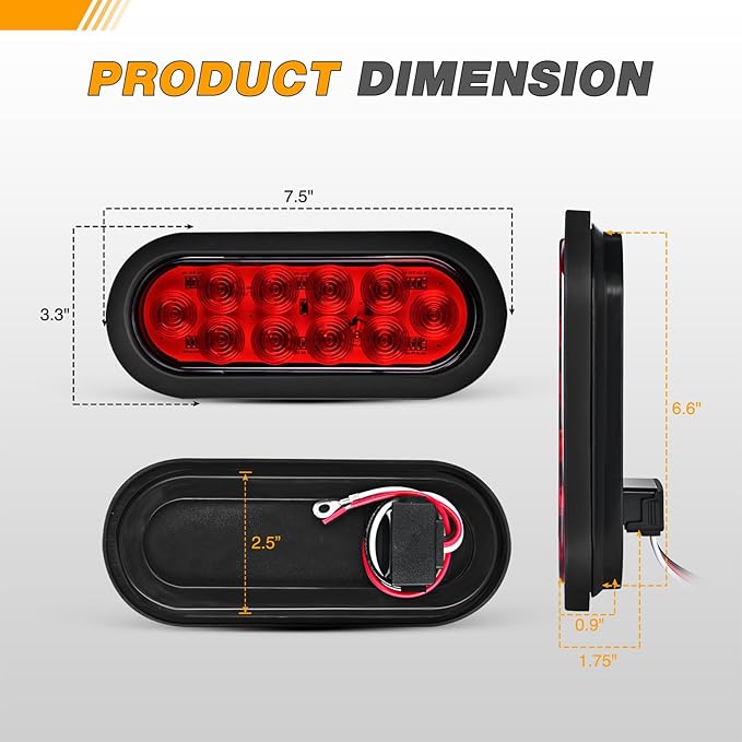 GOOACC 6Inch Oval Trailer Tail Light 2PCS 10LED Red Stop Brake Turn Signals Lights w/Surface Mount Grommets Plugs Mounting Brackets IP67 Waterproof for Truck RV Tractor