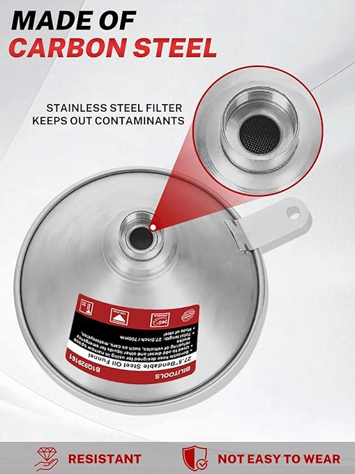 BILITOOLS 26.2" Steel Flexible Oil Funnel with Filter for Automotive Use, Metal Bendable Spout Funnel for Oil Fluids Change, Long Funnels for Transmission Fluid