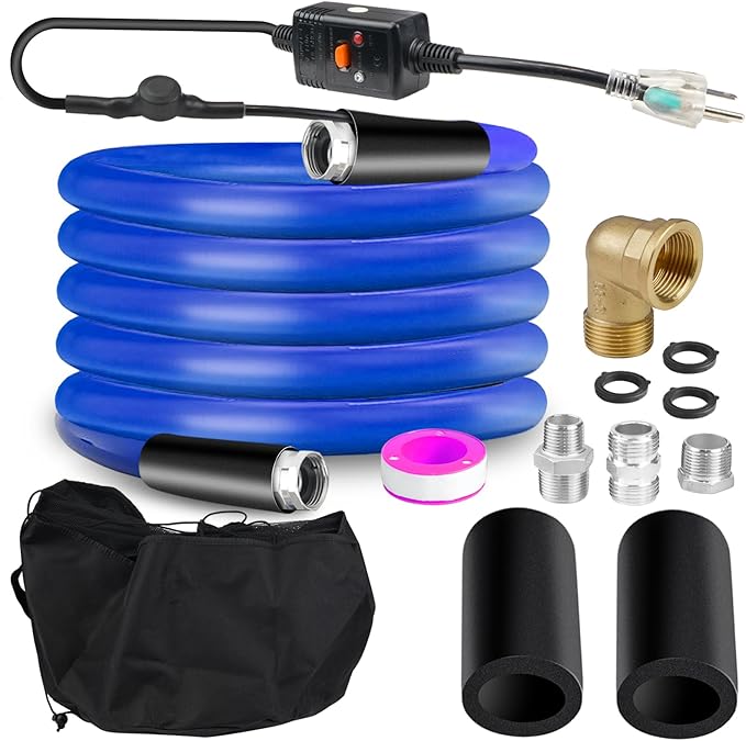 BHB Upgraded 30 FT Heated Water Hose 5/8"ID Compatible With RV -45 ℉ Antifreeze Energy Saving Thermostat RV Accessories, With Storage Bag And 4 Types Of Adapters