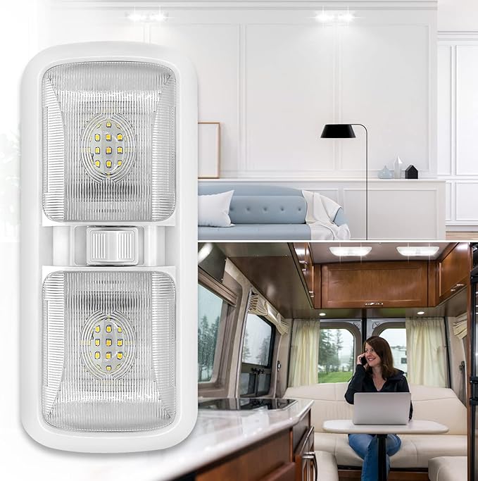 Miady 12V RV Led Interior Lights 750 Lumens, 12 Volt LED Ceiling Double Dome Light with Switch for Car/Trailer/Camper/Boat, Natural White 4000-4500K, 60X2835SMD, Pack of 2