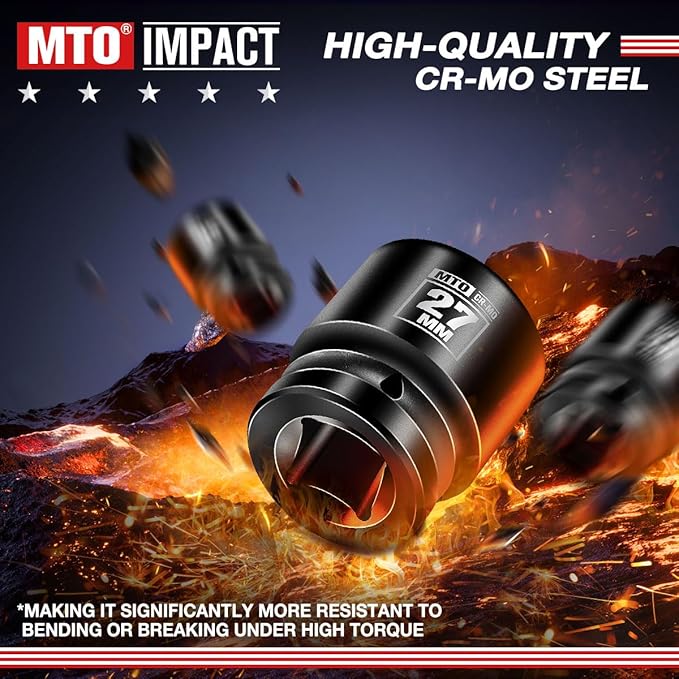 MTO 1/2" Drive 27mm Shallow Impact Socket, 6-Point Metric Socket, CR-MO Steel & Anti-Corrosion Coating for Tight Spaces and Heavy-Duty Tasks