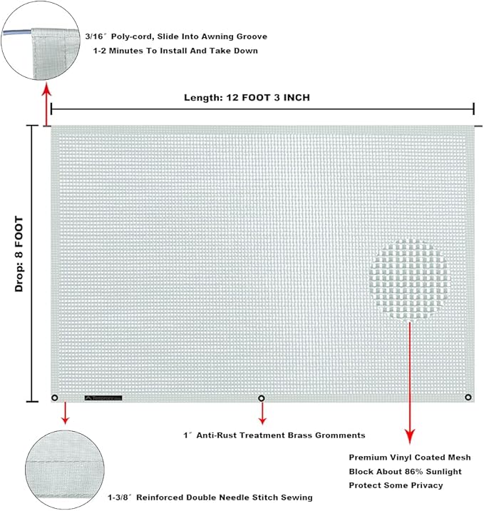 Tentproinc RV Awning Sun Shade Screen 8' X 12' 3'' (Fit for 13' Awning) Mesh Screen Sunscreen for Motorhome Camper Trailer Awning Screen Sunshade UV Blocker Complete Kits - 3 Year Warranty (Gray)