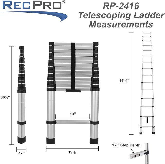 RecPro RV 14.5' Telescoping Ladder | 15 Steps | Weighs 28 lbs | 330 lb Load Capacity | Aluminum Body | Locks Into Place