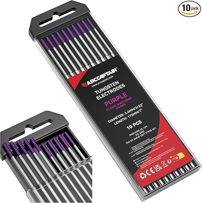 ARCCAPTAIN TIG Welding Tungsten Electrode 10-Pack 3/32"x 7"(Purple - Non-Radioactive, EWG)