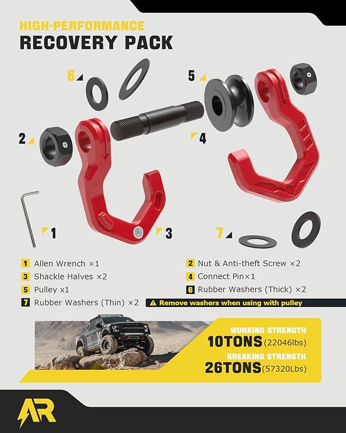 Snatch Block Separate Shackle, 3/4" D Ring Shackle with Pulley, 57320lbs Break Strength, Towing Winch Snatch Block for Off Road Vehicle Recovery, Red Red 1-Pack