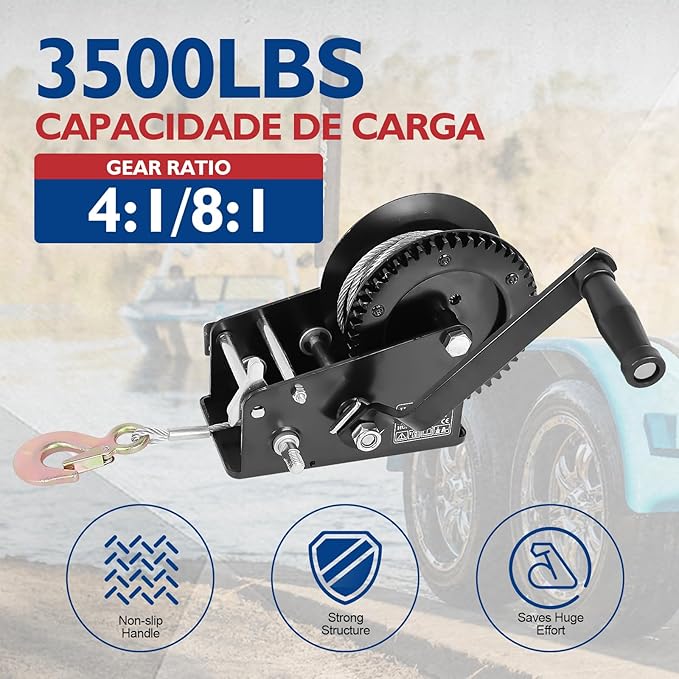 Heavy Duty Boat Trailer Winch – 3500LB Manual Hand Crank Winch with 32.8ft Steel Rope, Two-Speed (4:1 & 8:1), Powder Coated – for Boat, ATV, Utility Trailers