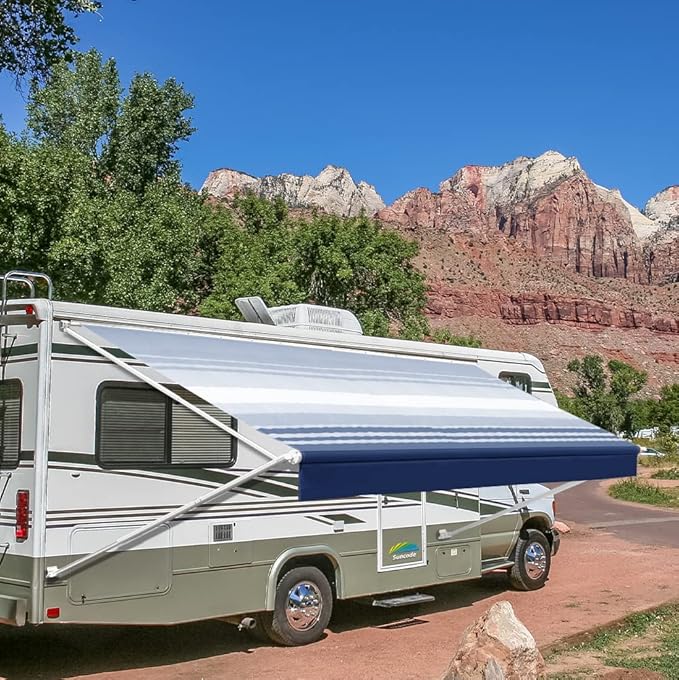 Suncode Manual RV Awning White Modular Retractable Awning Complete Kit for RV,5th Wheel,Travel Trailers,Toy Haulers,Motorhome RV Trailer Awning for Home or Camper-11x8Ft-Blue Strip