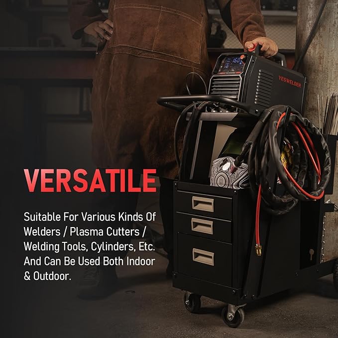 YESWELDER Welding Cart with 3 Drawers for MIG Welder TIG Welder and Plasma Cutter, Heavy Duty Large Storage 360° Rolling Welding Trolley