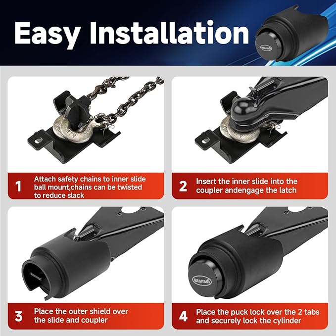 Trailer Lock Fits 2 Inch Coupler, Upgraded Heavy-Duty Steel Hitch Lock, Anti-Theft & Pry-Resistant for RV, Boat, Cargo Trailer (Black)