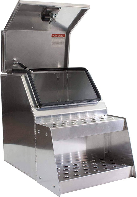 Mytee Products 24.5"x28.4"x18" Aluminum Side Mount Semi Truck Tool Box with Saddle Step Open Wide Design & T-Handle Latch Lock - Heavy Duty Weather Tight Step Tool Box for Flatbed Trailer