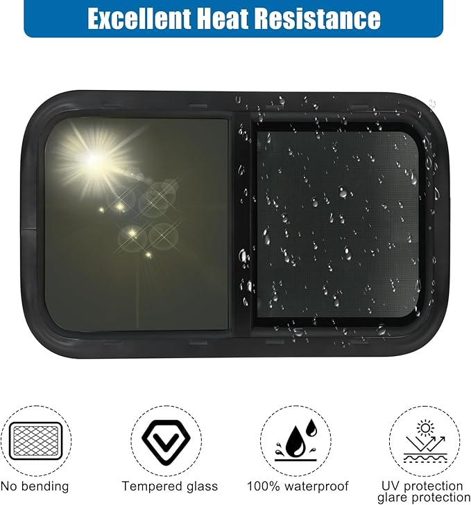 Horizontal RV Window, 42" W x 22" H Tinted Sliding RV Window with Net Screen and Trim Ring, Suitable for 15/16" or 1-3/8" and Slightly Thicker Up to 1/16" Walls, DOT Approved