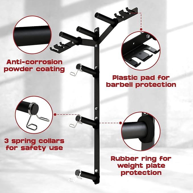 Yes4All 6 Pegs & 4 Barbell Storage Racks Load Up to 1190 LBS - Wall Mounted Weight Plate Tree & Barbell Holder