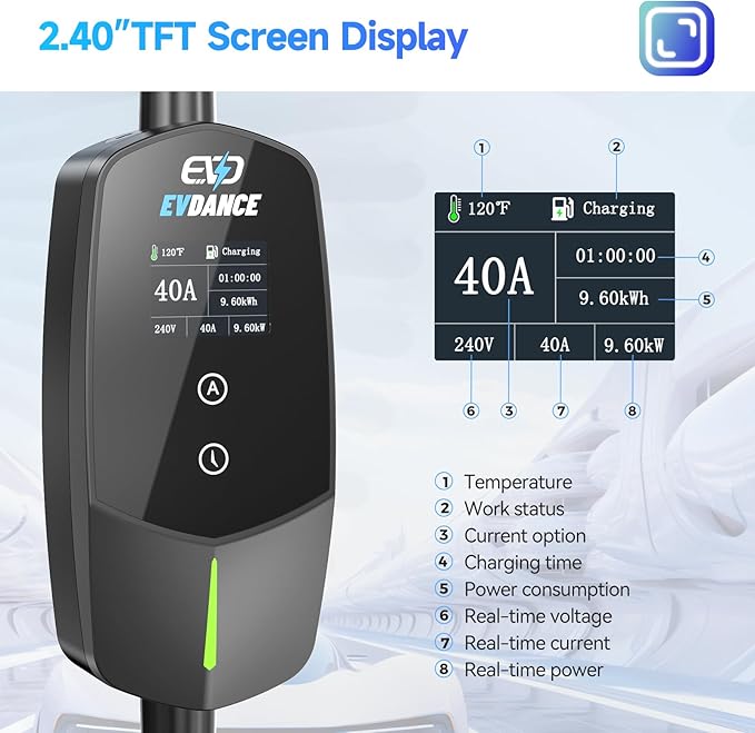 Level 2 EV Charger 40Amp, 240V 9.6KW Portable Electric Vehicle Charging Stations with NEMA 14-50P, 25FT Cable Adjustable Current/Timing Delay Home Electric Car Charger for J1772 BEVs/PHEVs