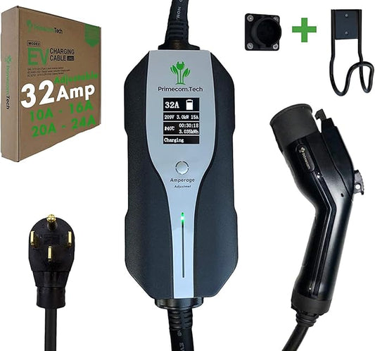 Primecom.Tech Level 2 Electric Vehicle (EV) Charger Amperage Adjustable (10Amp - 16Amp - 20Amp - 24Amp - 32Amp) 30Ft Cable EVSE Plug-in Hybrid (40 FT, 14-50P)