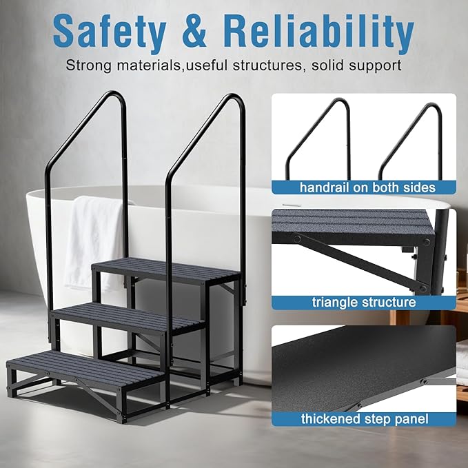 RV Steps with Handrail, 3 Steps RV Stair, Mobile Home Stairs for Camper, Trailer, hot tub, Steps with Non-Slip mat, 660lbs Capacity