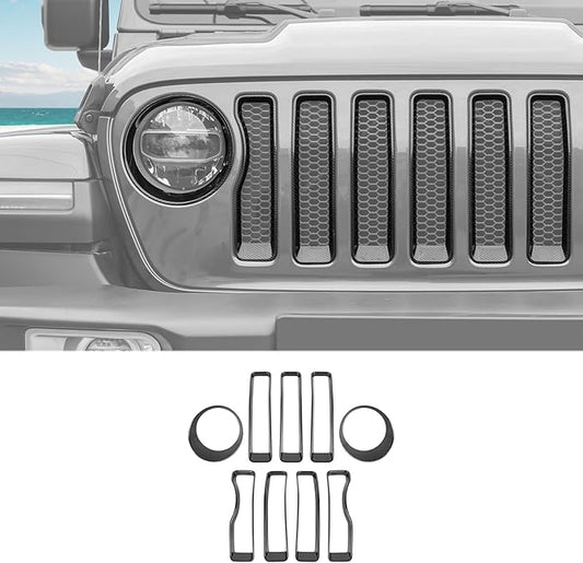 Grille Grill Insert+Headlight Turn Light Cover Compatible with 2018-2023 Jeep Wrangler JL JLU Sport/Sport S Only,Not for Sahara,Rubicon 4xe(Carbon Fiber)