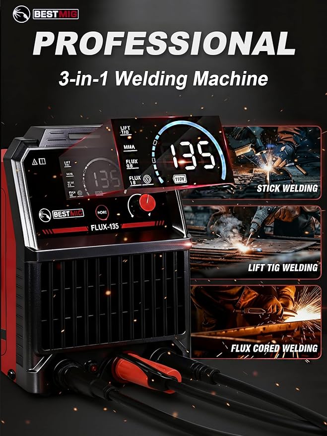 BESTMIG 135A MIG Welder - 3-in-1 Flux Core Welder, MIG/Lift TIG/Stick Welding Machine - Portable IGBT Inverter - 110V with Welder Helmet and Gloves (Red Black, MIG 135A Welder)