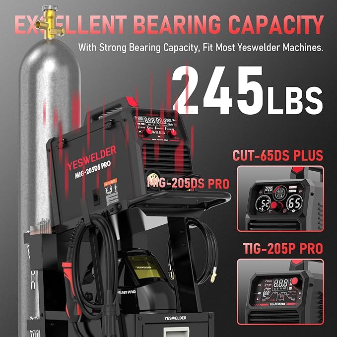 YESWELDER Welding Cart，2-Tier with 2 Drawers for MIG Welder TIG Welder and Plasma Cutter, Tank Storage Safety Chains, Heavy Duty Large Storage 360° Swivel Wheels Welding Trolley