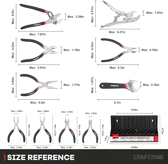 10PC Pliers and Wrench Set with Storage Rack – Includes Locking | Long Nose | Diagonal Cutter | Groove Joint | Linesman & Mini Plier, Carbon Steel Tool Kit for DIY and Home a Gift for Man