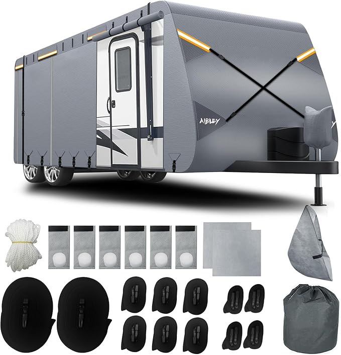 RV Cover 27-30FT Travel Trailer and Camper Covers,Heavy Duty 8-Layers Non-Woven Fabric Waterproof,All Weather,Cold and UV Resistant,Air Vent,Reflective Strip,Windproof Buckle Strap