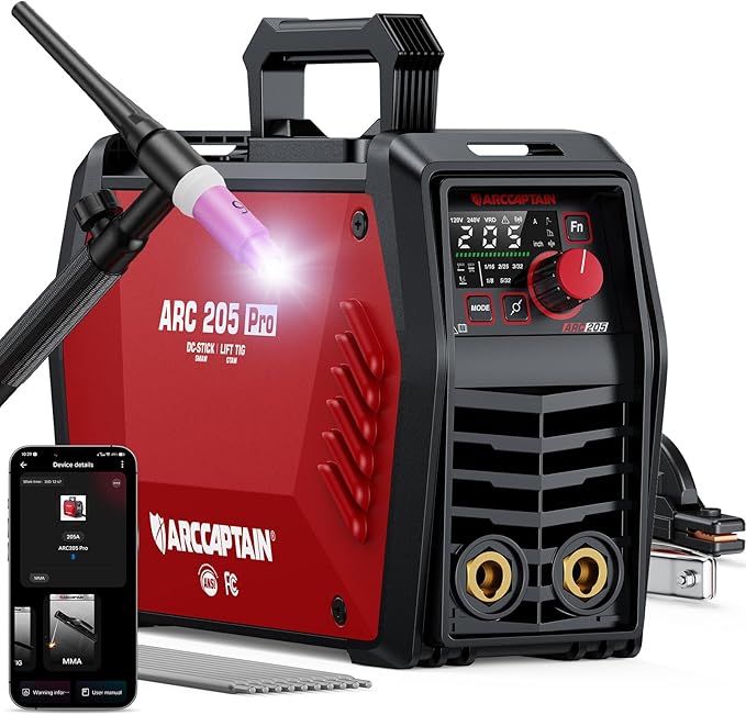 ARCCAPTAIN iControl ARC205 Pro Stick Welder with Lift TIG Torch, [APP Control] 205Amp ARC/Lift TIG Welding Machine, Large LED Display, IGBT Inverter 120V/240V MMA Welder with Hot Start, Arc force