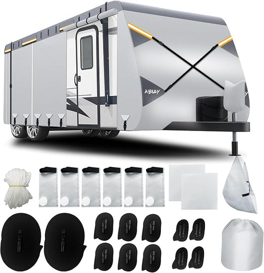 RV Cover 30-33FT Travel Trailer and Camper Covers,Durable Tearproof Oxford Polyester Fabric for Waterproof,Cold and UV Resistant,Air Vent,Side Zipper,Reflective Strip,Windproof Buckles-Aibiley