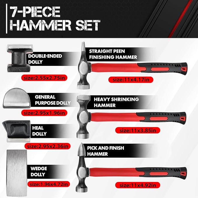 C&T Auto Body Repair Tool Hammer Dolly Set 7 Piece, Car Body Repair Tool Kit with Carrying Case, Carbon Steel Dolly and Hammer Dent Body Fender Tool Set