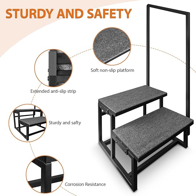 3-Step RV Step Stool with Handrail, Wider Steps with Anti-Slip Mat & Base Support, Mobility Aid Ladder for Senior, High RV, Hot Tub, Porch