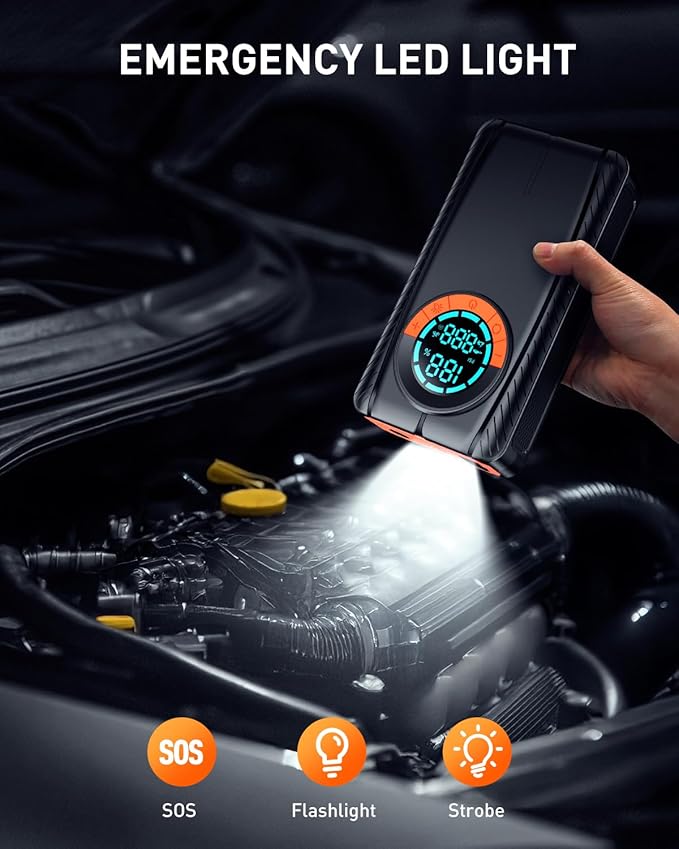 Jump Starter with Air Compressor, Car Battery Jump Starter (8.0 Gas/7.0L Diesel), Battery Jumper Starter Portable Jump Box, 12V Portable Car Jump Starter with Tire Inflator, LED Light (Model)