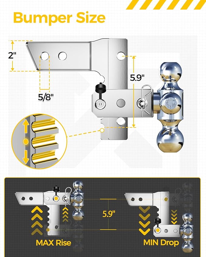 KYX Adjustable Trailer Hitch, 6 in Rise Drop Hitch Fits 2 Inch Receiver, 12500 LBS GTW, Tri-Ball Aluminum Truck Tow Hitch(1-7/8 & 2 & 2-5/16), Rustproof and Noise Reduction Design for RVs and Trailers