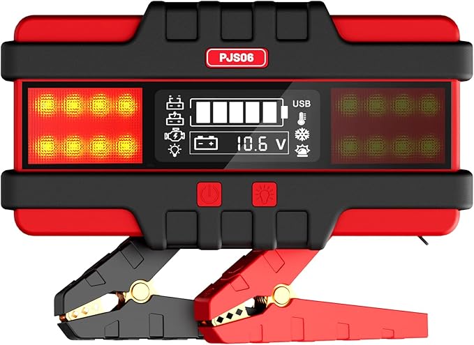 SAFEMATE PJS06 3000A Car Battery Jump Starter, Portable 12v Battery Booster, Jump Box and Charger, with Voltage Detection, Built-in Protection and LED Warning Light for 10l Gas and 8l Diesel