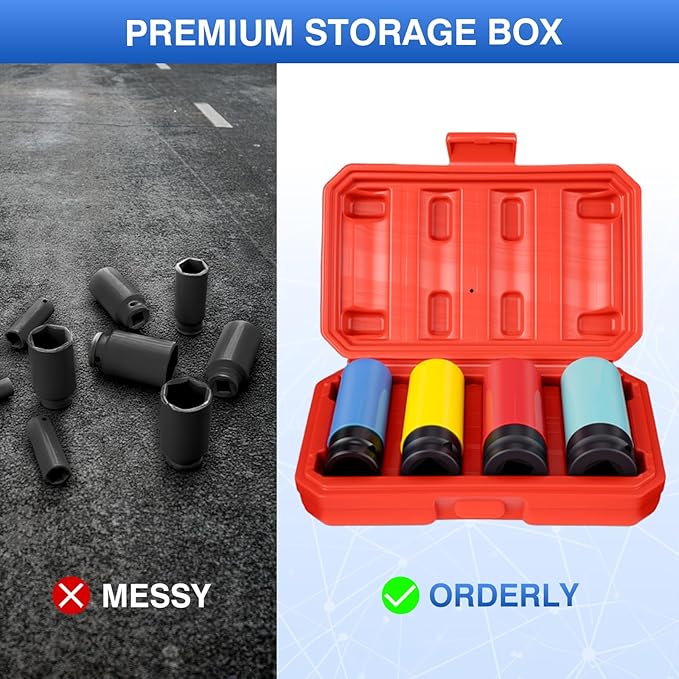 1/2" Drive Wheel Protector Impact Socket,4 PCS Metric Size 17-19-21-22mm,Non-Marring Lug Nut Thin Wall Deep Socket Set, CR-MO, 6 Point, Color-Coded Protective Socket