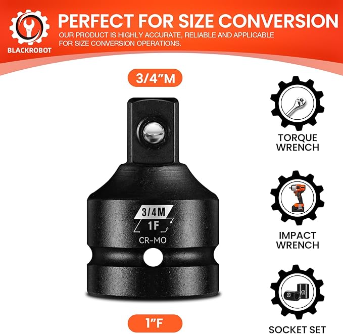 1”F To 3/4”M Impact Socket Adapter, Cr-Mo Steel Exceeds ANSI Standards, Square Drive Reducer for Impact Driver Wrench
