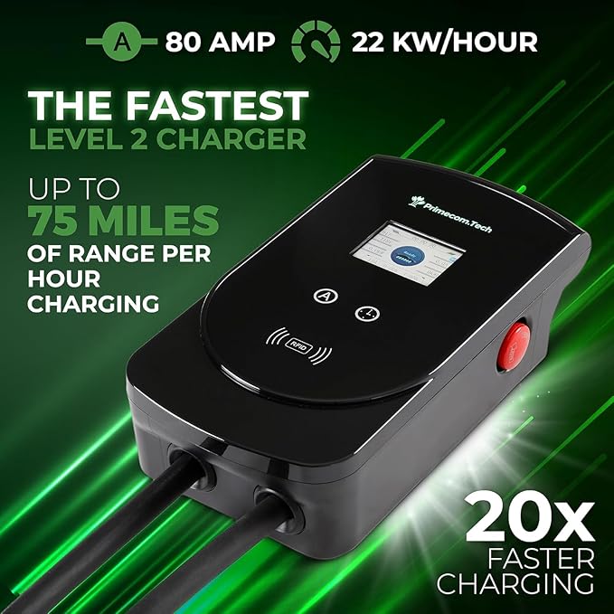 PRIMECOM 80 Amp 20X Faster 22KW 220Volt Level-2 18ft to 50ft Cord Lengths Smart Electric Vehicle EV Charging Station Ford F-150 Transit Lightning Luciud Air Polestar TeslaXS Taycan (18.5 Feet)