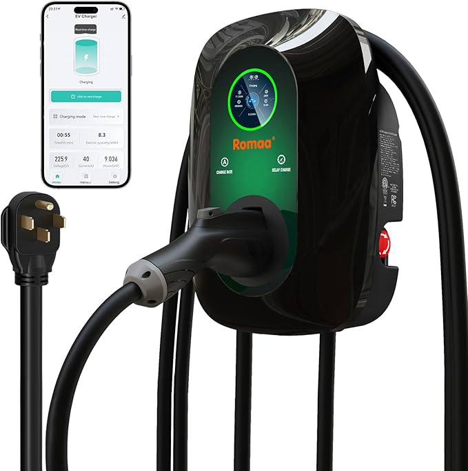Romaa Level 2 EV Charger J1772 40 Amp Plug in, 240V Home Charging Station Wallbox, NEMA 14-50, 9.6 kW, Adjustable 8 to 40A, ETL Listed, FCC Part 15, NEMA Type 4, 25 ft, App WiFi Smart Display