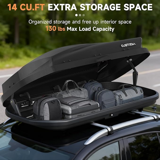 Hard Shell Roof Cargo Carrier with Security Keys, Roof Box, Cargo Box, 62.52 (L) x32.48 (W) x 13.19(H) Inches, 14 Cubic Feet (Tool-Free Install), Diamond Black