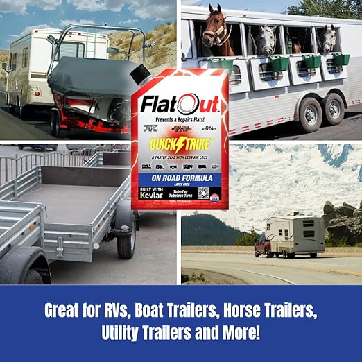 FlatOut QuickStrike Tire Sealant On Road Formula - Prevent Flat Tires, Seal Leaks, Contains Kevlar, 32-Ounce Bag, 2-Pack