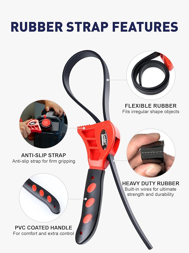SMART JERRY - Rubber Strap Wrenches | Oil Filter Strap Wrench | Plumbers Wrench for Shower Head Removal | Rubber Belt Wrenches for PVC Pipe | Anti-Scratch & Size Adjustable | 2 Pack