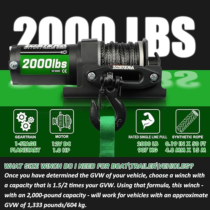 2000lbs ATV Winch with Synthetic Rope Electric Winch 12V Waterproof with Mounting Plate ATV UTV Towing Winch