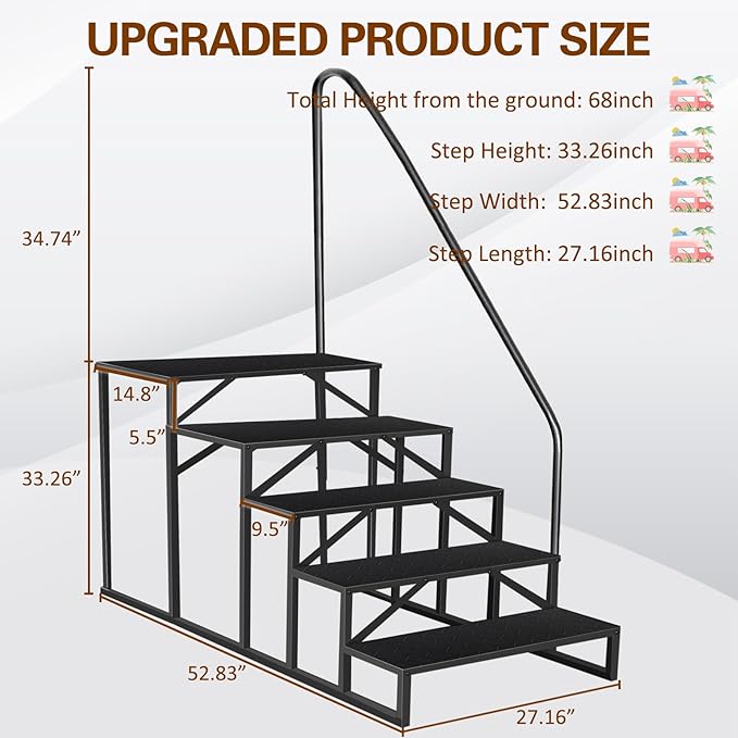 5 Step Ladder, Anti-Slip Hot Tub Steps with Handrail, Upgrade RV Step Stool, 660lbs Anti-Slip Mobile Home Stairs Porch Steps for Indoor Outdoor