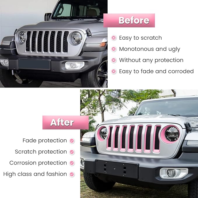 Front Grille Mesh Inserts & Headlight Cover for Jeep Wrangler JL JLU Sport & Sport S Only 2018-2023 Exterior Accessories Clip-in Grille Guard Cover Headlight Bezels Trim Ring (Pink 9PCS)